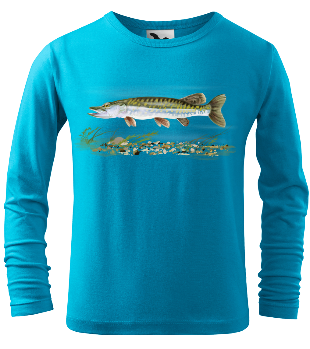 Dětské rybářské tričko - Štika obecná (dlouhý rukáv) Velikost: 4 roky / 110 cm, Barva: Tyrkysová (44), Délka rukávu: Dlouhý rukáv