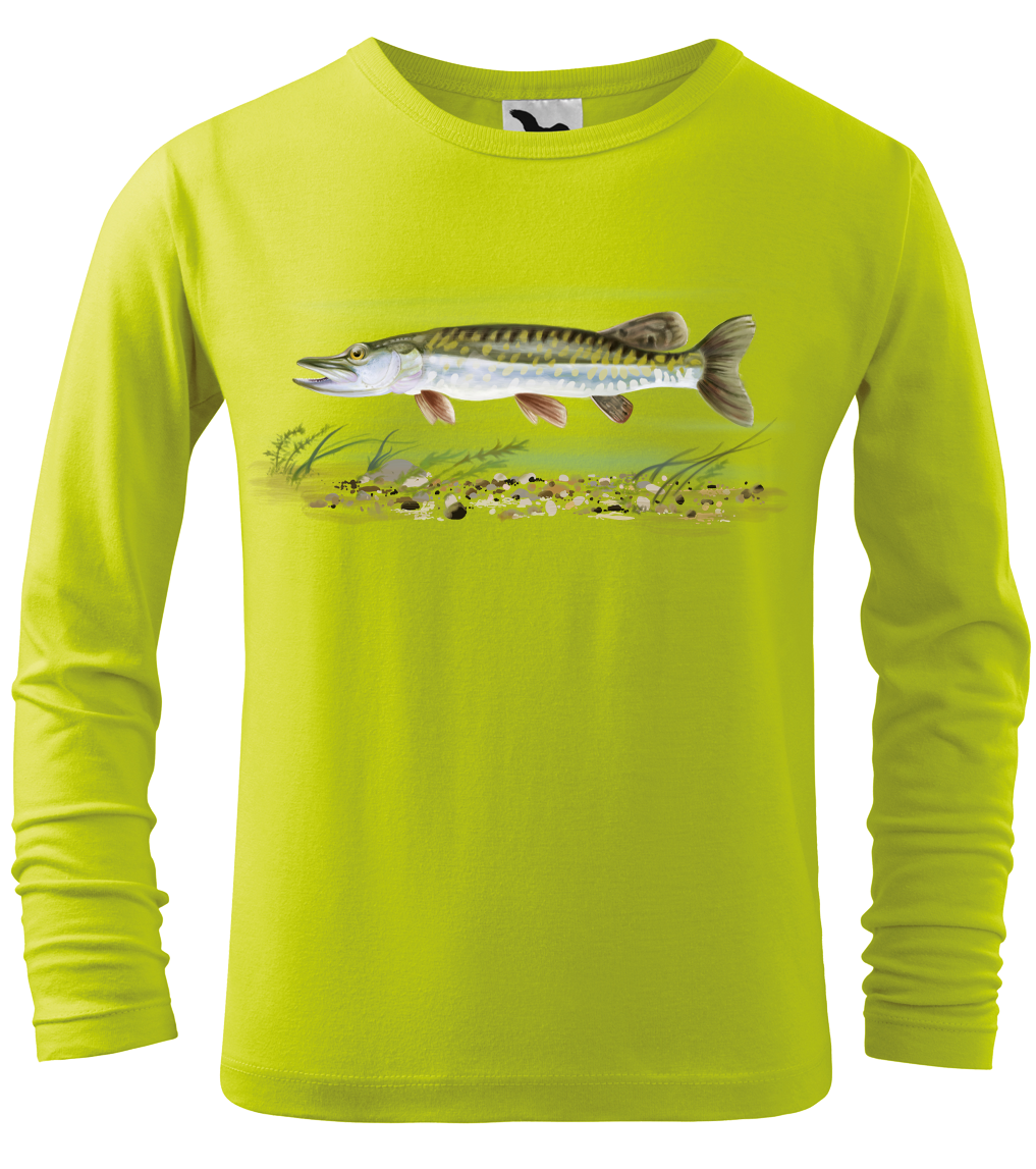 Dětské rybářské tričko - Štika obecná (dlouhý rukáv) Velikost: 4 roky / 110 cm, Barva: Limetková (62), Délka rukávu: Dlouhý rukáv