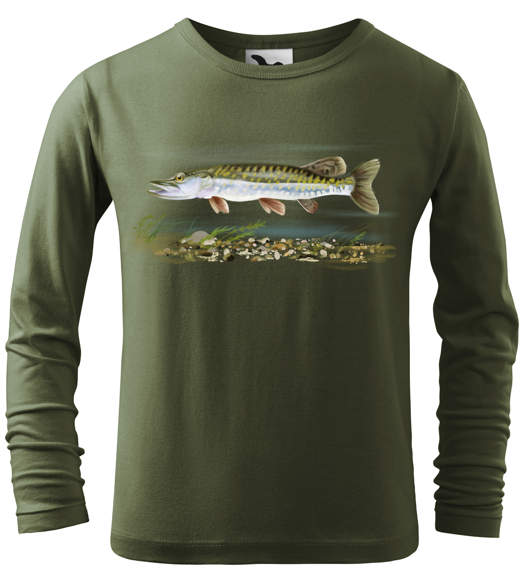 Dětské rybářské tričko - Štika obecná (dlouhý rukáv) Velikost: 4 roky / 110 cm, Barva: Khaki (09), Délka rukávu: Dlouhý rukáv