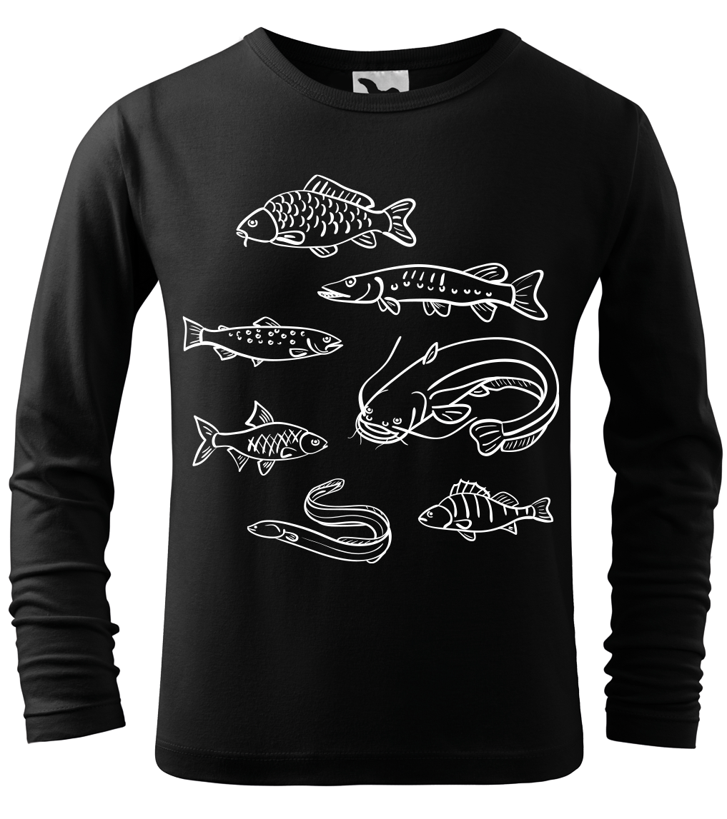 Dětské rybářské tričko - Ryby našich vod (dlouhý rukáv) Velikost: 8 let / 134 cm, Barva: Černá (01), Délka rukávu: Dlouhý rukáv