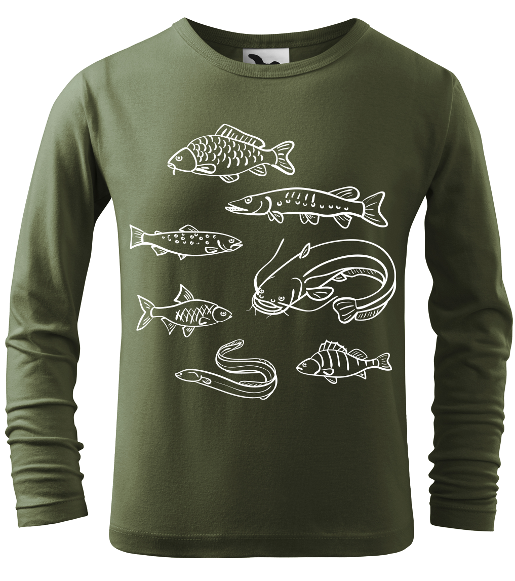 Dětské rybářské tričko - Ryby našich vod (dlouhý rukáv) Velikost: 8 let / 134 cm, Barva: Khaki (09), Délka rukávu: Dlouhý rukáv