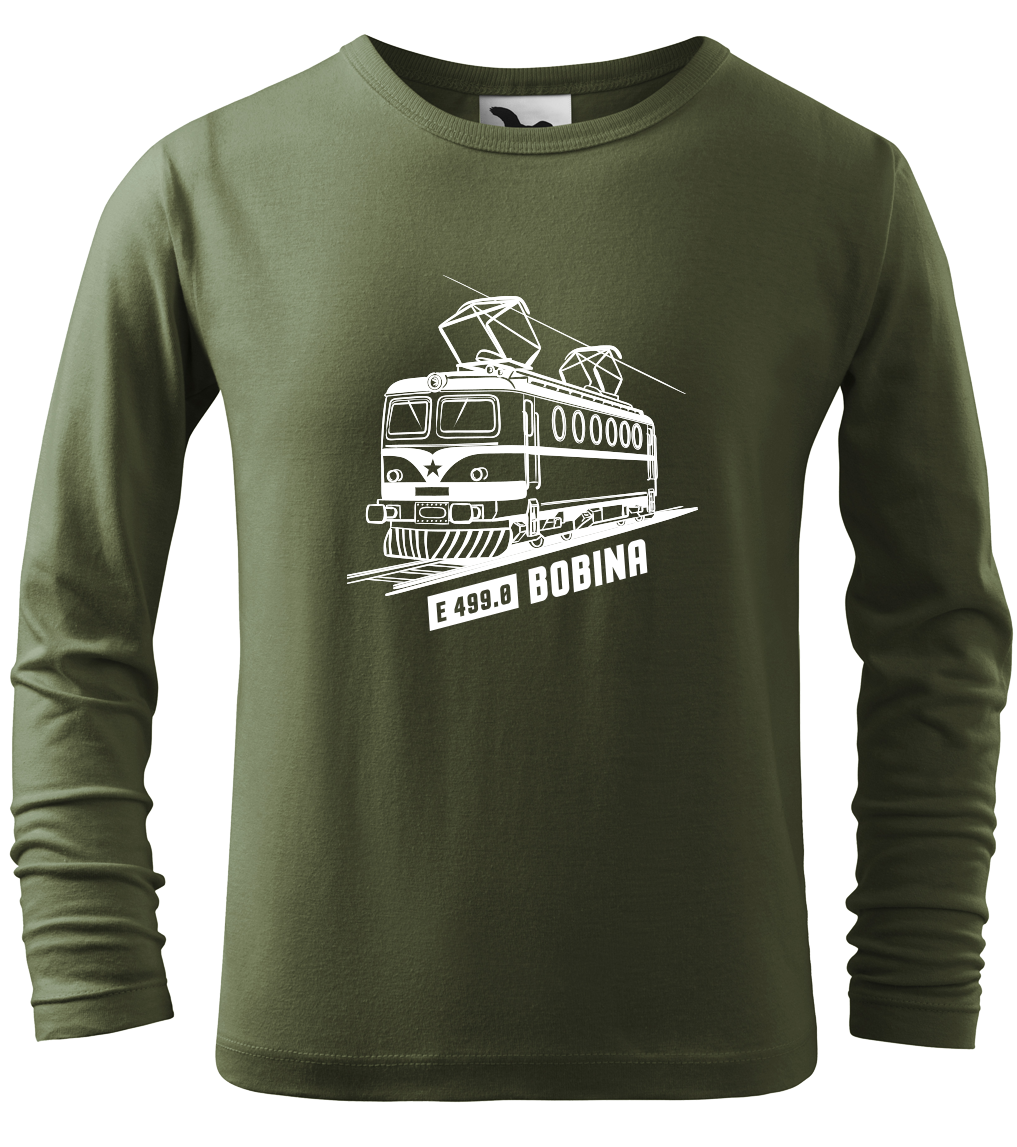 Dětské tričko s vlakem - Lokomotiva BOBINA (dlouhý rukáv) Velikost: 4 roky / 110 cm, Barva: Khaki (09), Délka rukávu: Dlouhý rukáv