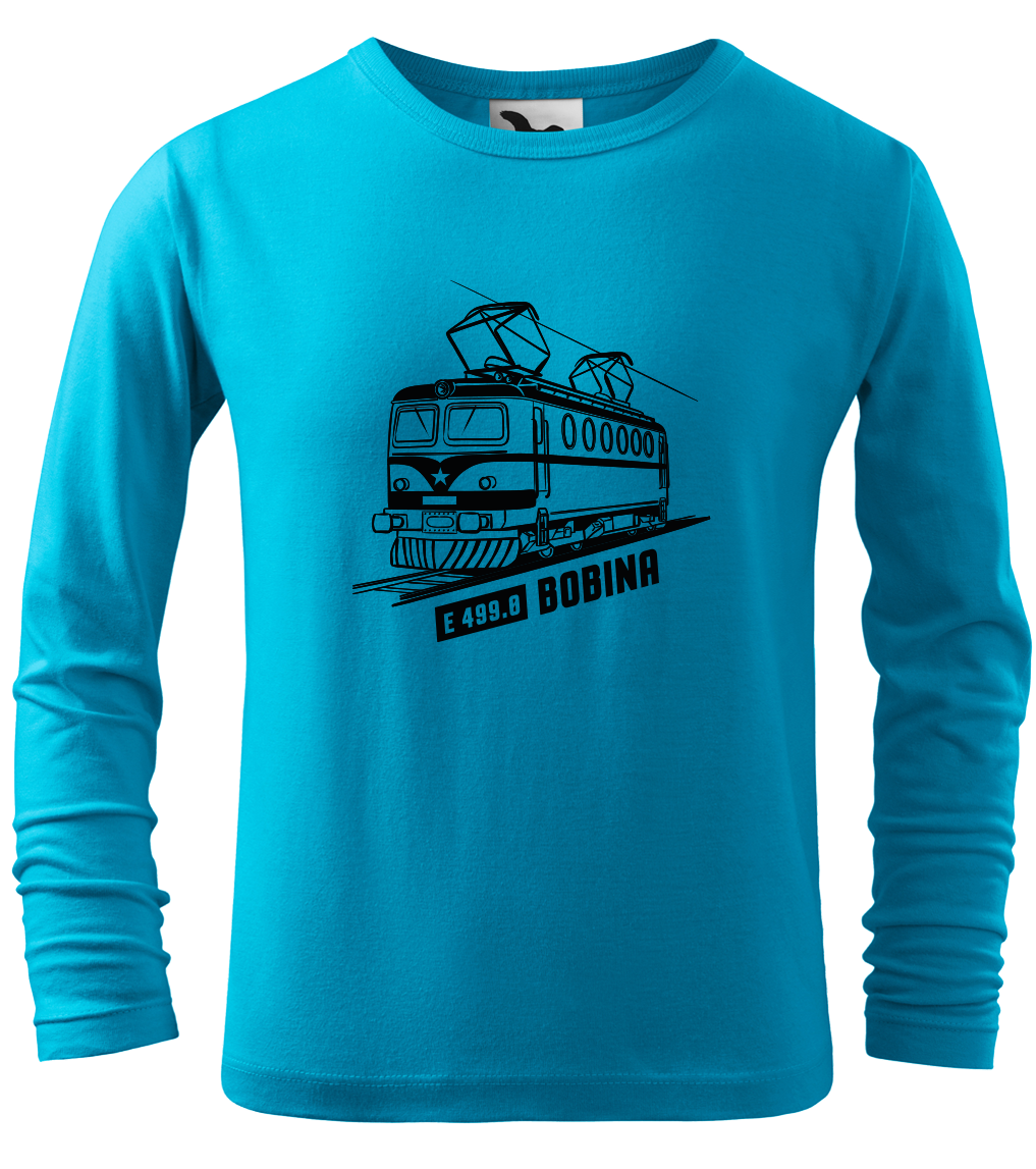Dětské tričko s vlakem - Lokomotiva BOBINA (dlouhý rukáv) Velikost: 4 roky / 110 cm, Barva: Tyrkysová (44), Délka rukávu: Dlouhý rukáv