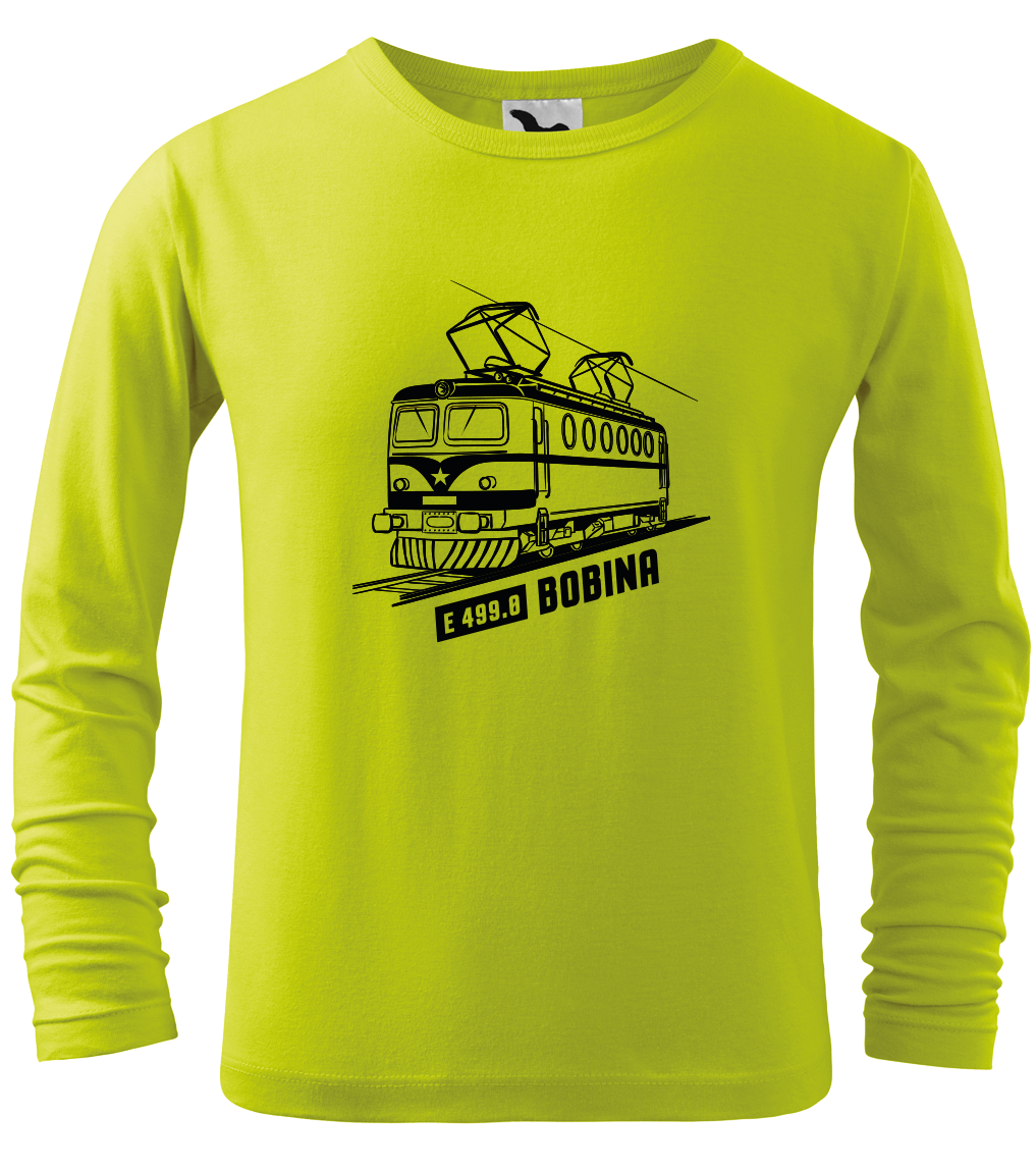 Dětské tričko s vlakem - Lokomotiva BOBINA (dlouhý rukáv) Velikost: 4 roky / 110 cm, Barva: Limetková (62), Délka rukávu: Dlouhý rukáv
