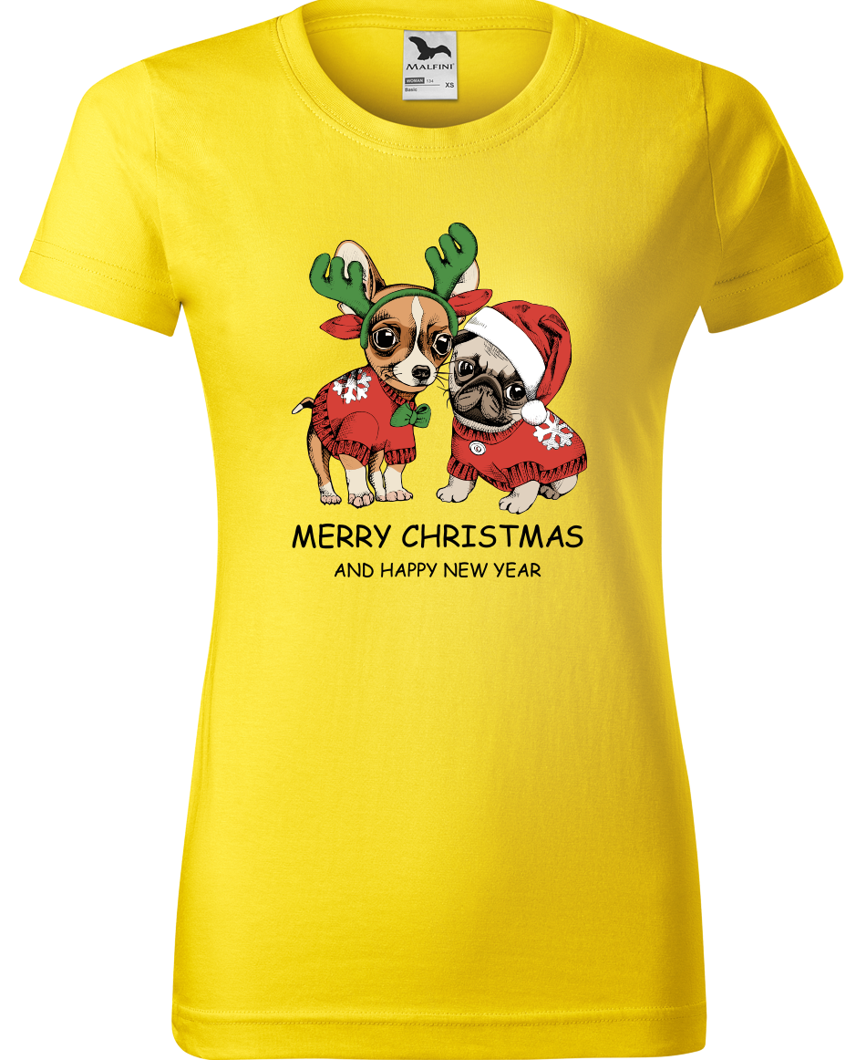 Dámské vánoční tričko - Vánoční pejsci Velikost: XL, Barva: Žlutá (04)