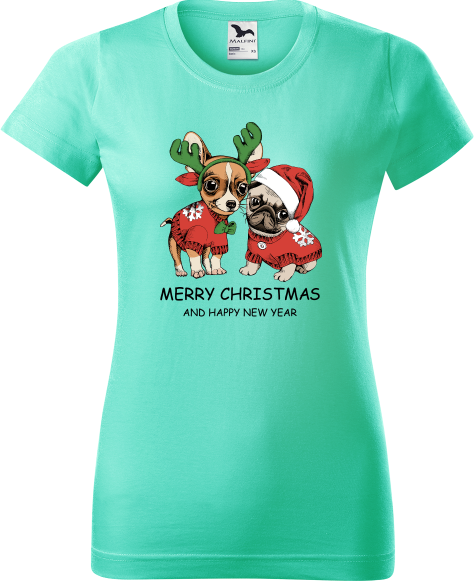 Dámské vánoční tričko - Vánoční pejsci Velikost: XL, Barva: Mátová (95)