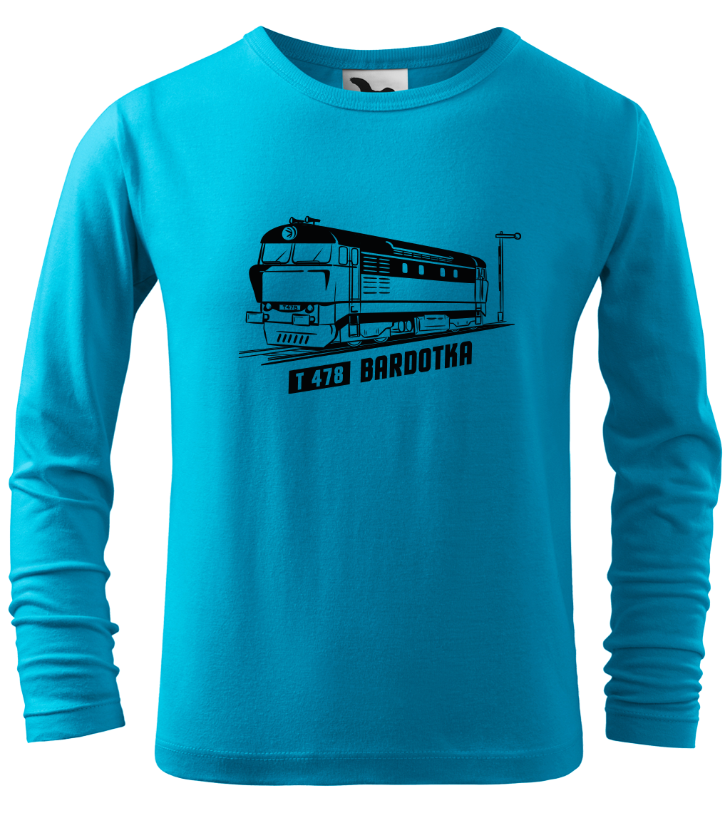 Dětské tričko s vlakem - Lokomotiva BARDOTKA (dlouhý rukáv) Velikost: 4 roky / 110 cm, Barva: Tyrkysová (44), Délka rukávu: Dlouhý rukáv