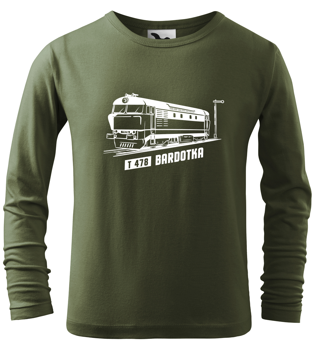 Dětské tričko s vlakem - Lokomotiva BARDOTKA (dlouhý rukáv) Velikost: 4 roky / 110 cm, Barva: Khaki (09), Délka rukávu: Dlouhý rukáv