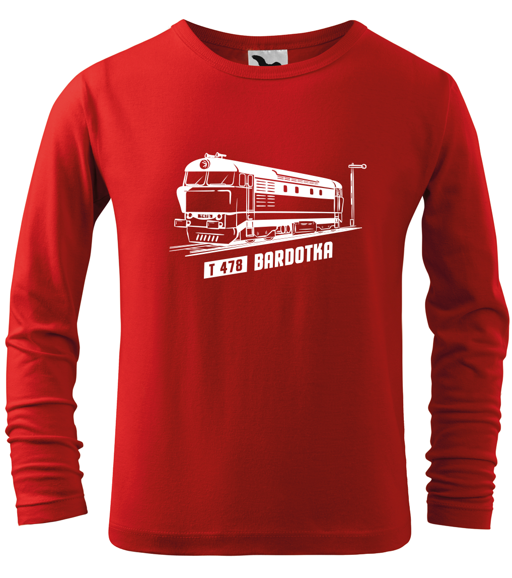 Dětské tričko s vlakem - Lokomotiva BARDOTKA (dlouhý rukáv) Velikost: 4 roky / 110 cm, Barva: Červená (07), Délka rukávu: Dlouhý rukáv