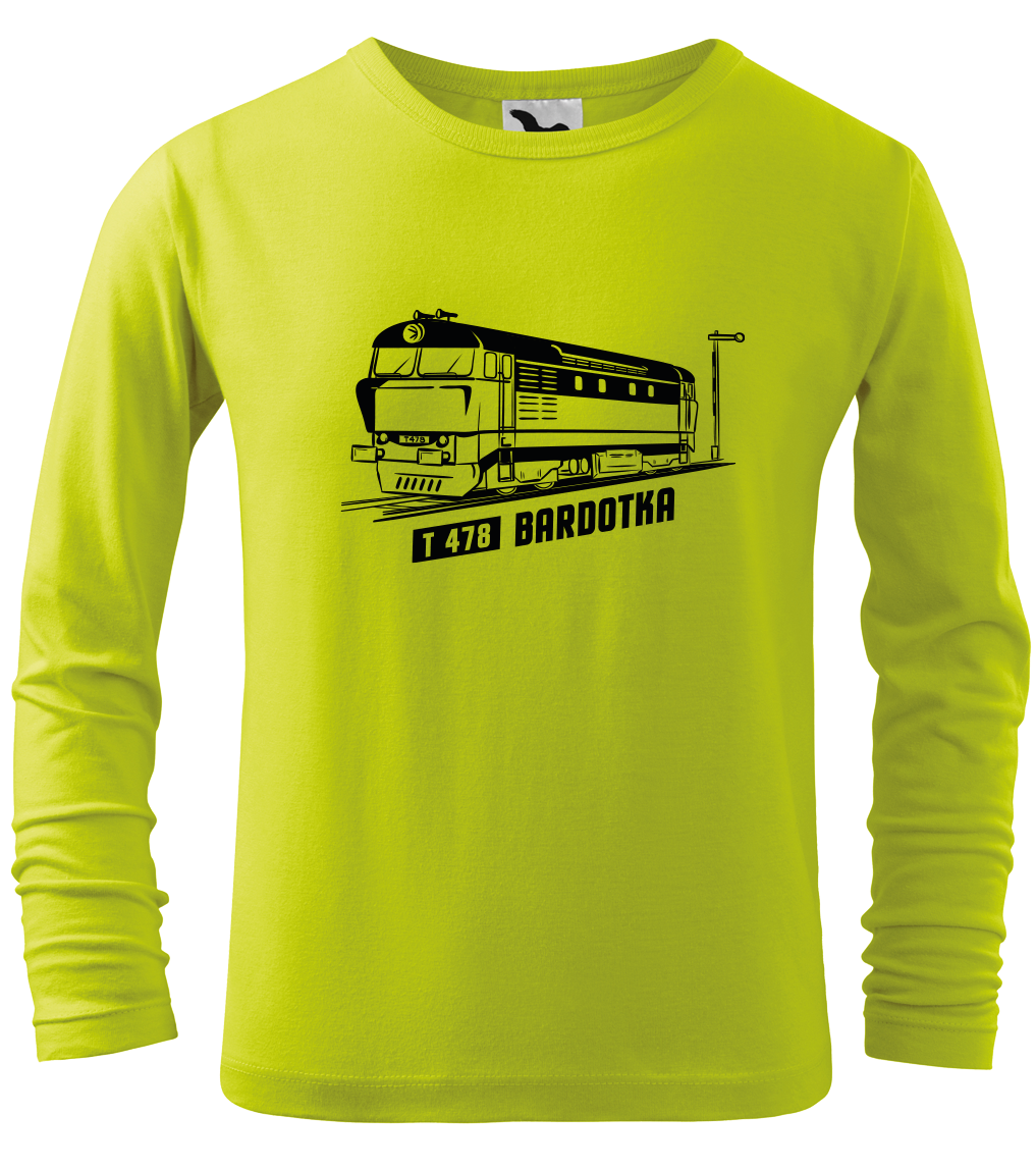 Dětské tričko s vlakem - Lokomotiva BARDOTKA (dlouhý rukáv) Velikost: 4 roky / 110 cm, Barva: Limetková (62), Délka rukávu: Dlouhý rukáv