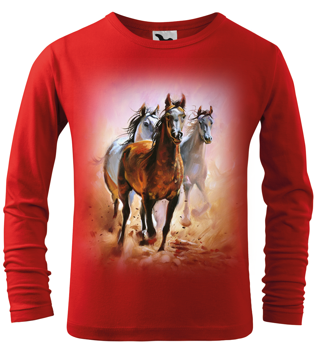 Dětské tričko s koněm - Malované koně (dlouhý rukáv) Velikost: 12 let / 158 cm, Barva: Červená (07), Délka rukávu: Dlouhý rukáv