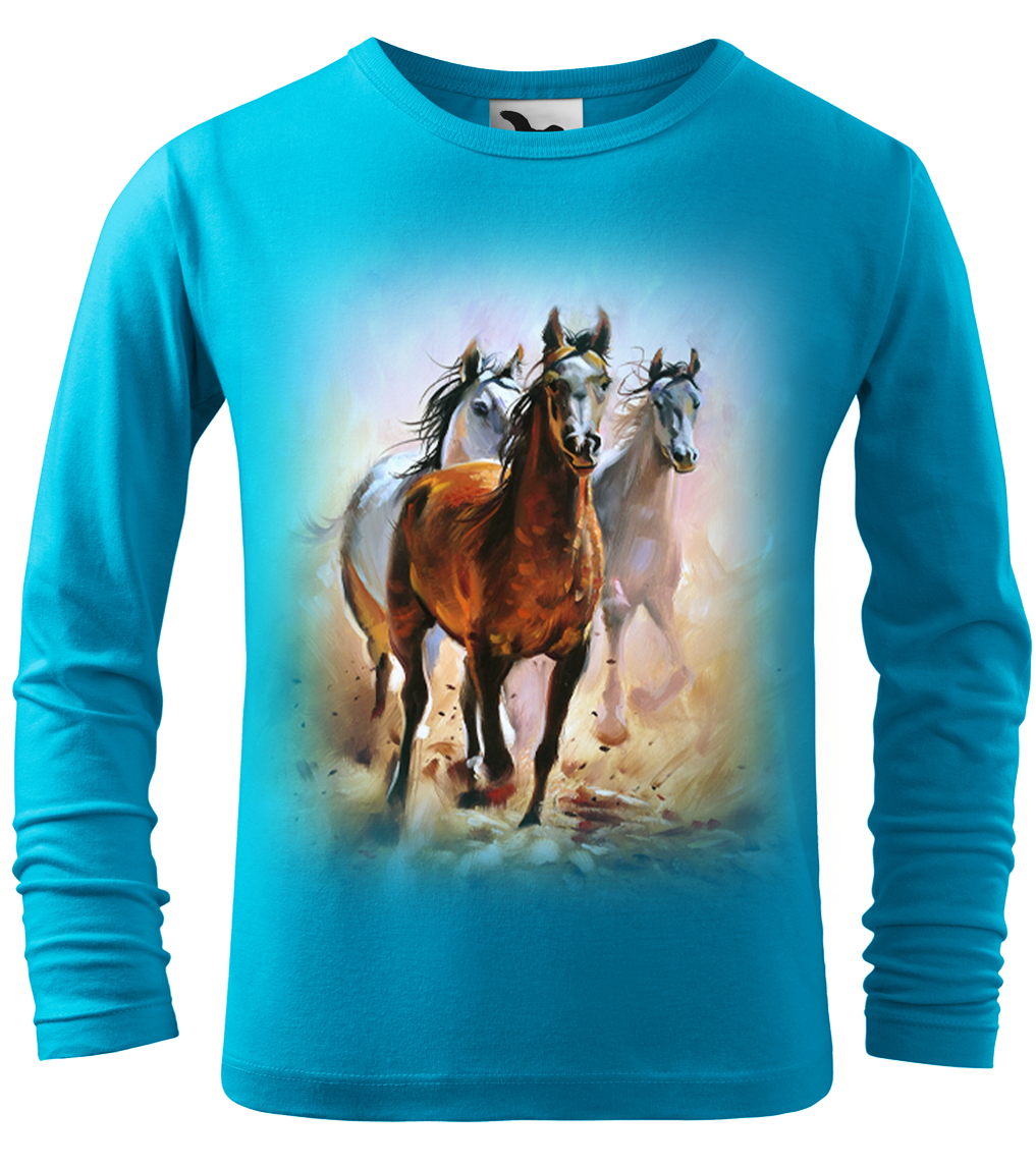 Dětské tričko s koněm - Malované koně (dlouhý rukáv) Velikost: 10 let / 146 cm, Barva: Tyrkysová (44), Délka rukávu: Dlouhý rukáv