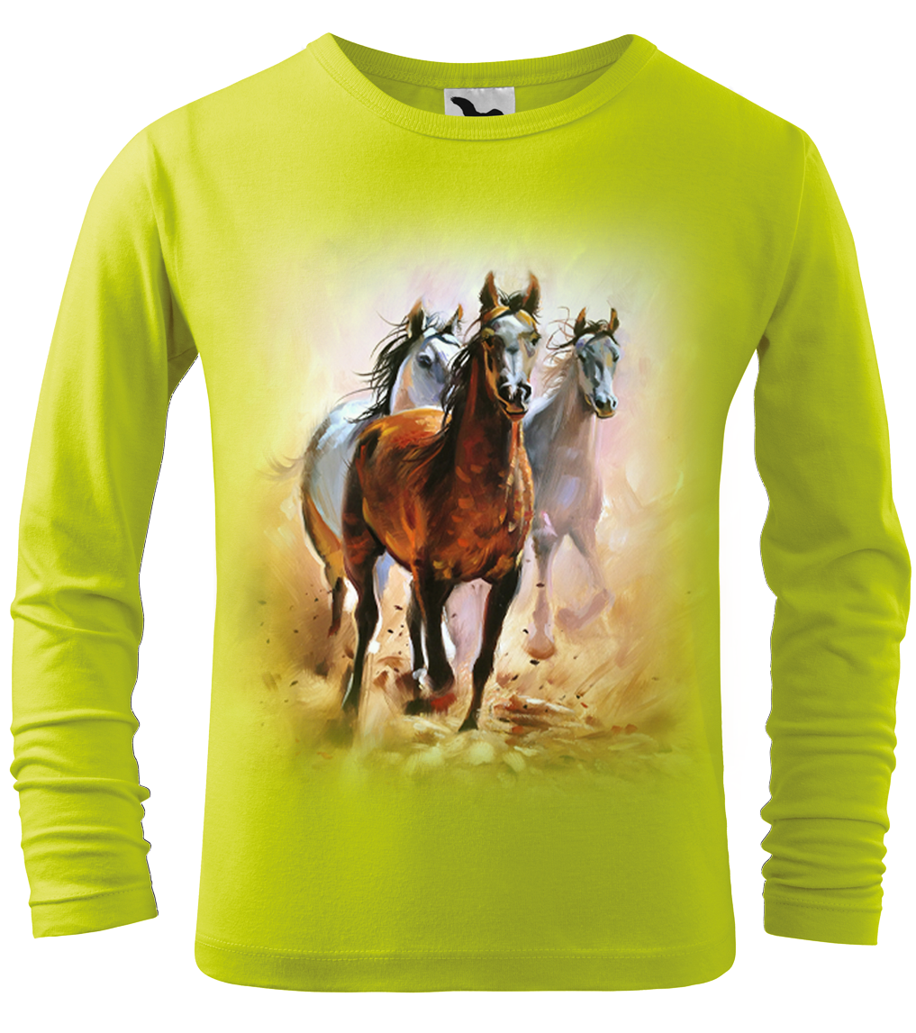 Dětské tričko s koněm - Malované koně (dlouhý rukáv) Velikost: 10 let / 146 cm, Barva: Limetková (62), Délka rukávu: Dlouhý rukáv