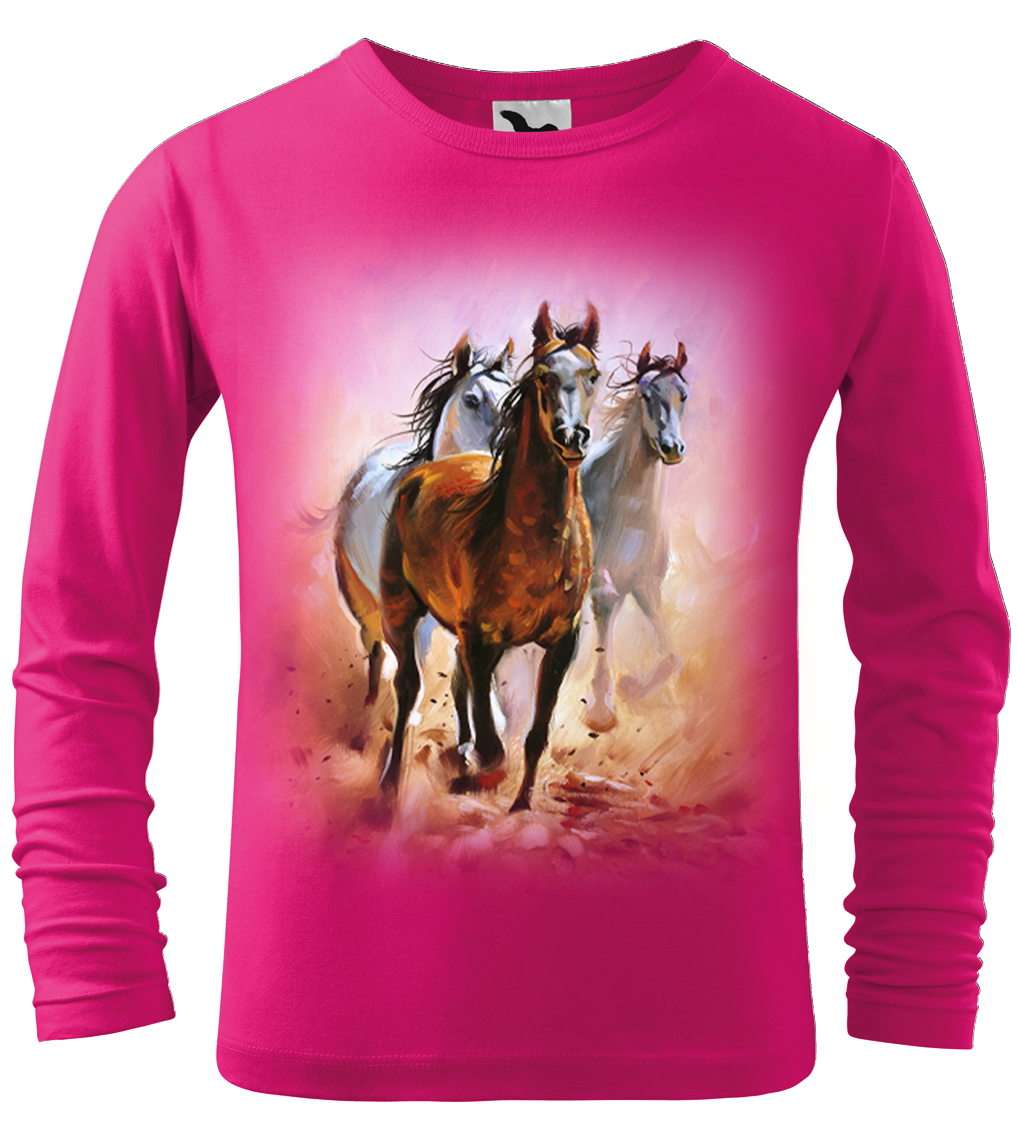 Dětské tričko s koněm - Malované koně (dlouhý rukáv) Velikost: 4 roky / 110 cm, Barva: Malinová (63), Délka rukávu: Dlouhý rukáv