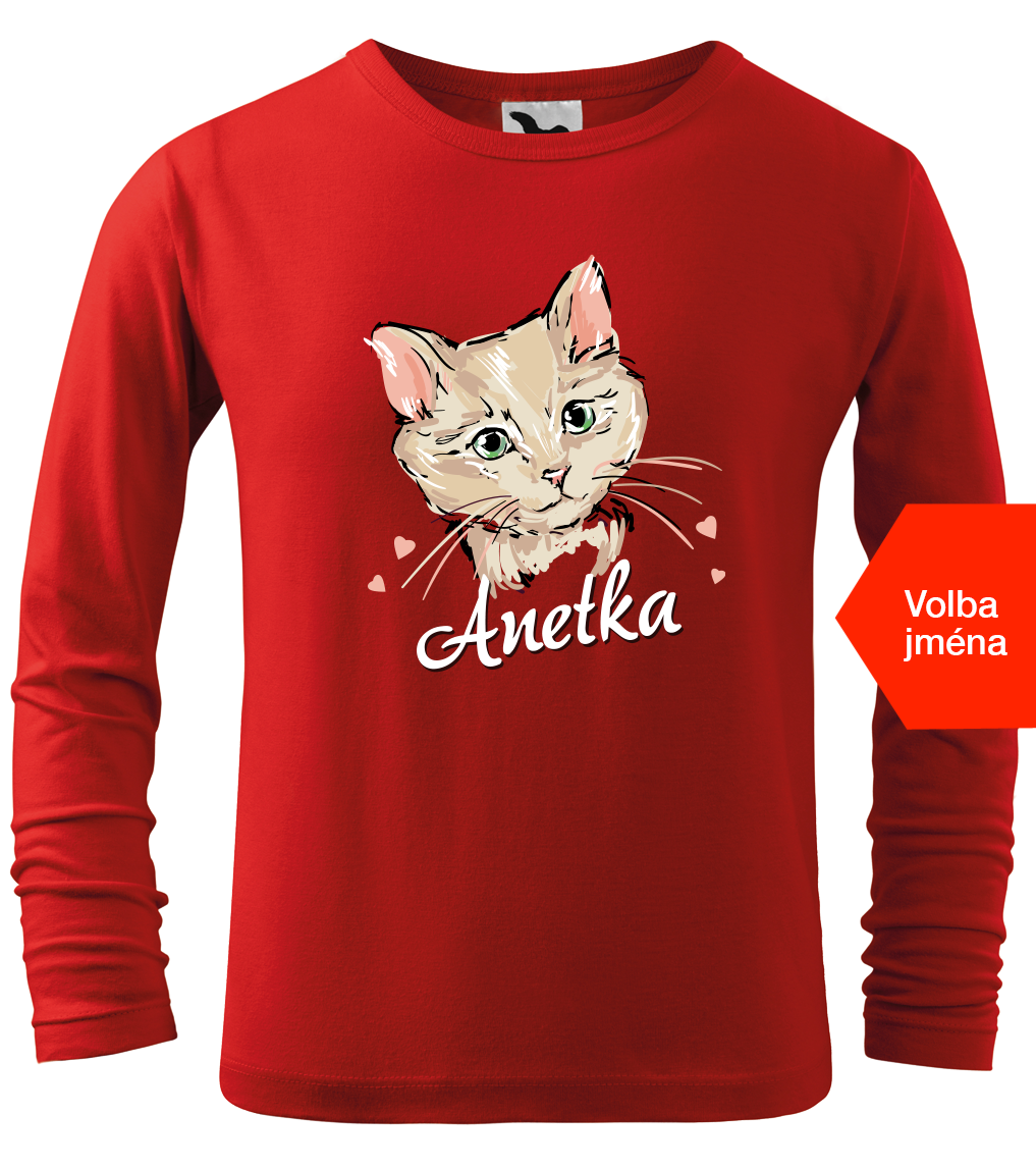 Dětské tričko se jménem - Malovaná kočička (dlouhý rukáv) Velikost: 12 let / 158 cm, Barva: Červená (07), Délka rukávu: Dlouhý rukáv