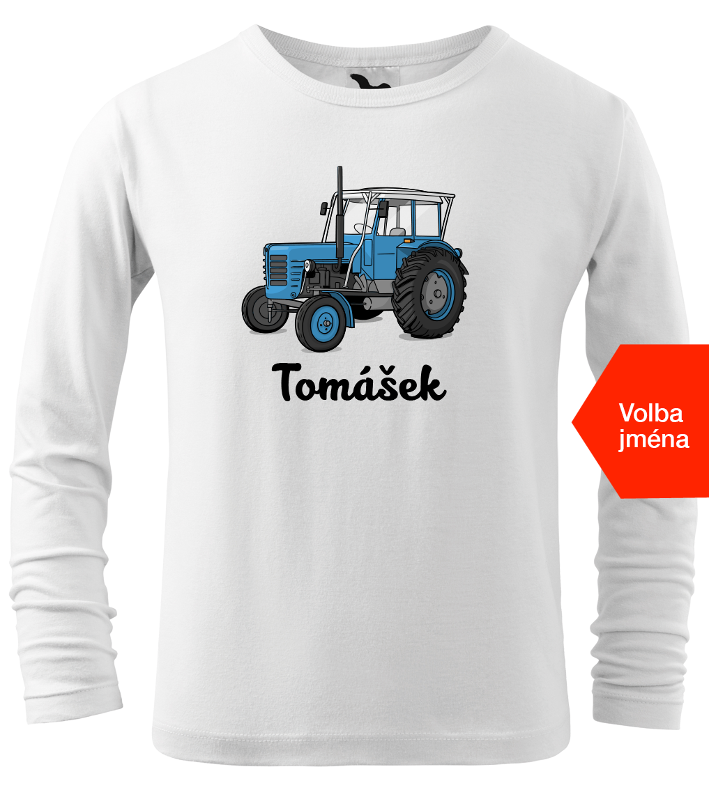 Dětské tričko s traktorem a jménem - Starý traktor (dlouhý rukáv) Velikost: 4 roky / 110 cm, Barva: Bílá (00), Délka rukávu: Dlouhý rukáv