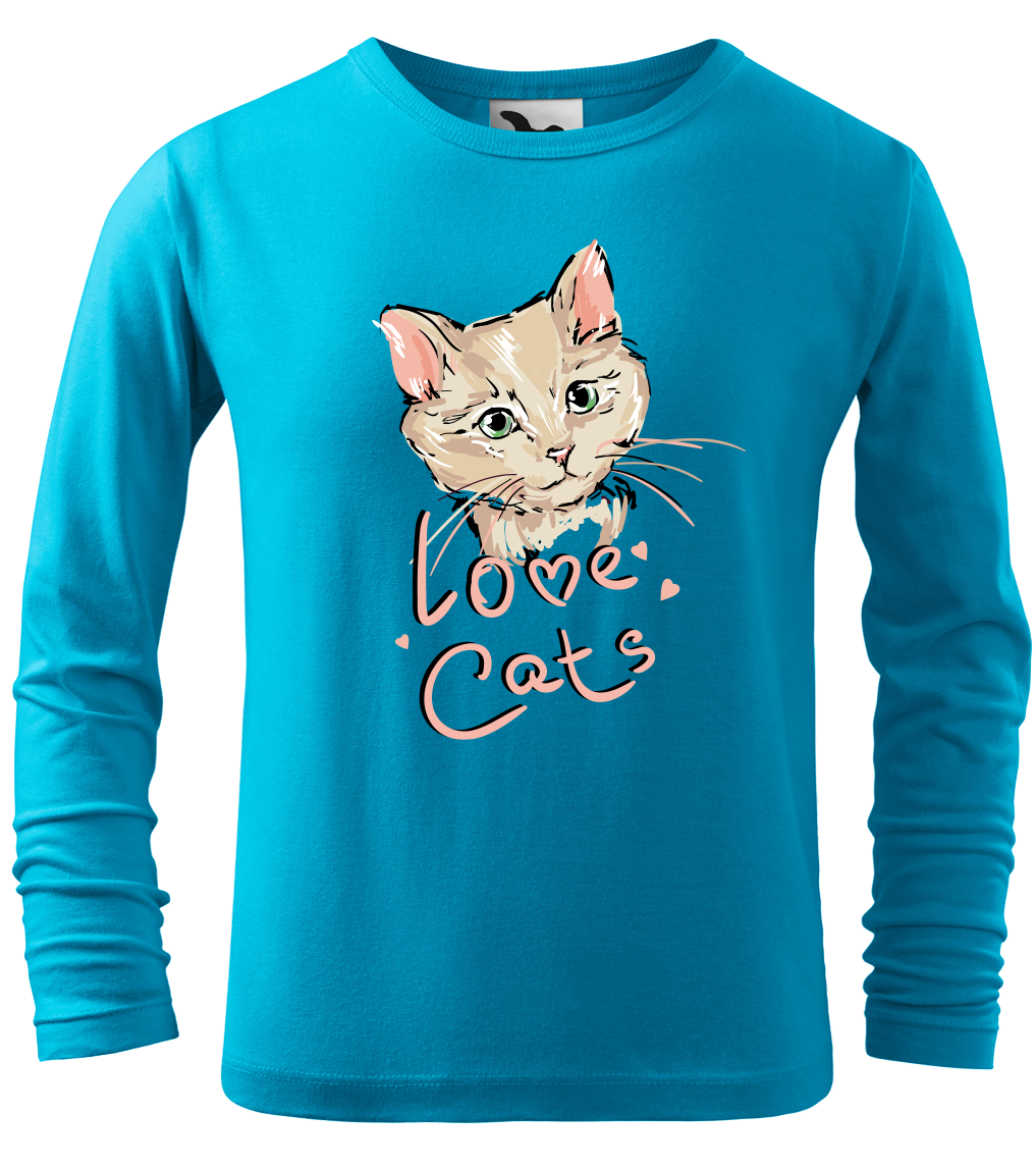 Dětské tričko s kočkou - Love Cats (dlouhý rukáv) Velikost: 4 roky / 110 cm, Barva: Tyrkysová (44), Délka rukávu: Dlouhý rukáv