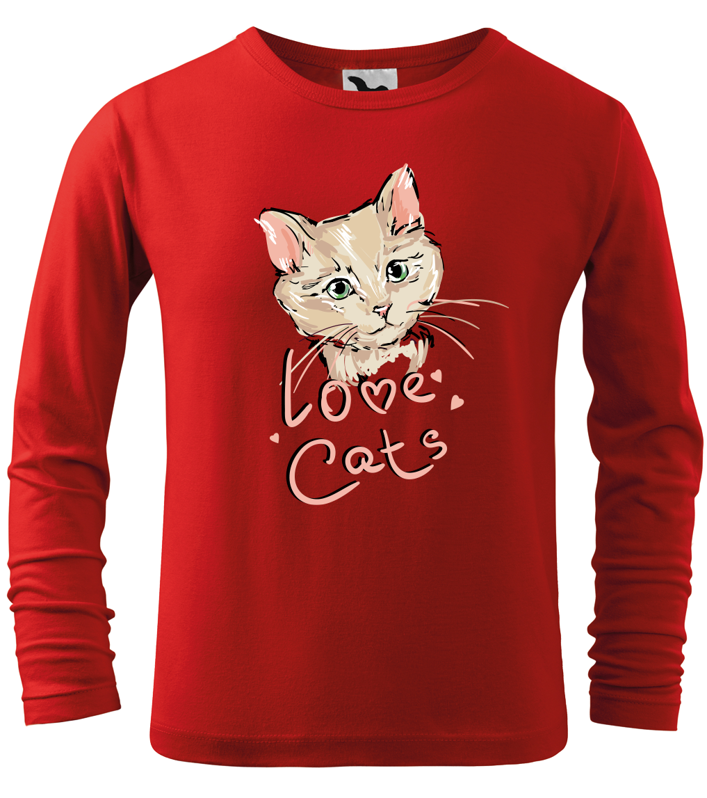 Dětské tričko s kočkou - Love Cats (dlouhý rukáv) Velikost: 6 let / 122 cm, Barva: Červená (07), Délka rukávu: Dlouhý rukáv