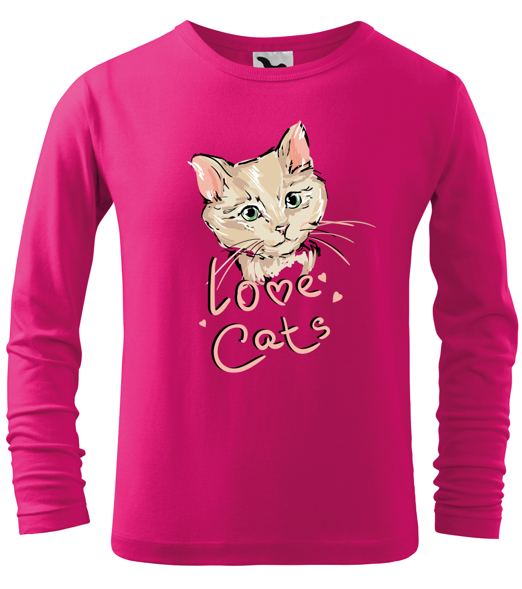 Dětské tričko s kočkou - Love Cats (dlouhý rukáv) Velikost: 4 roky / 110 cm, Barva: Malinová (63), Délka rukávu: Dlouhý rukáv