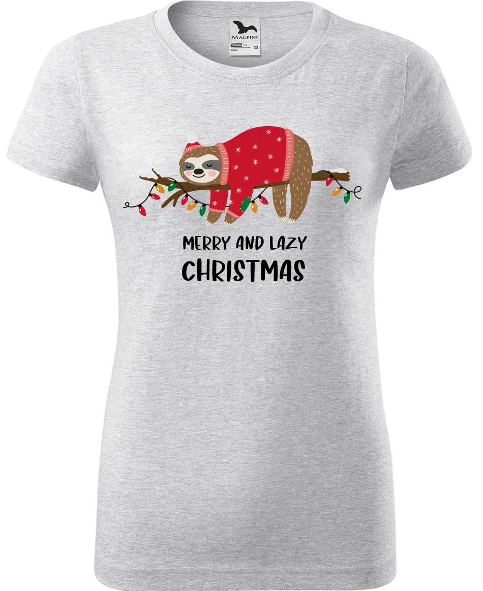 Dámské vánoční tričko - Merry and Lazy Christmas Velikost: XL, Barva: Světle šedý melír (03)