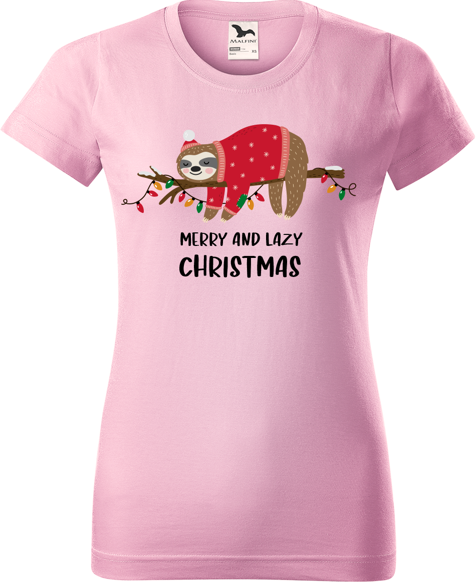 Dámské vánoční tričko - Merry and Lazy Christmas Velikost: L, Barva: Růžová (30)