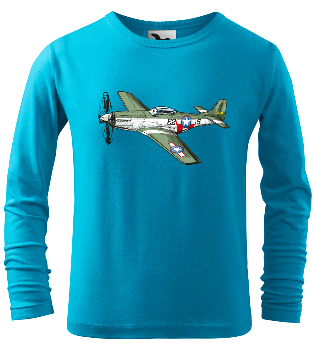 Dětské tričko s letadlem - P-51 Mustang (dlouhý rukáv) Velikost: 4 roky / 110 cm, Barva: Tyrkysová (44), Délka rukávu: Dlouhý rukáv