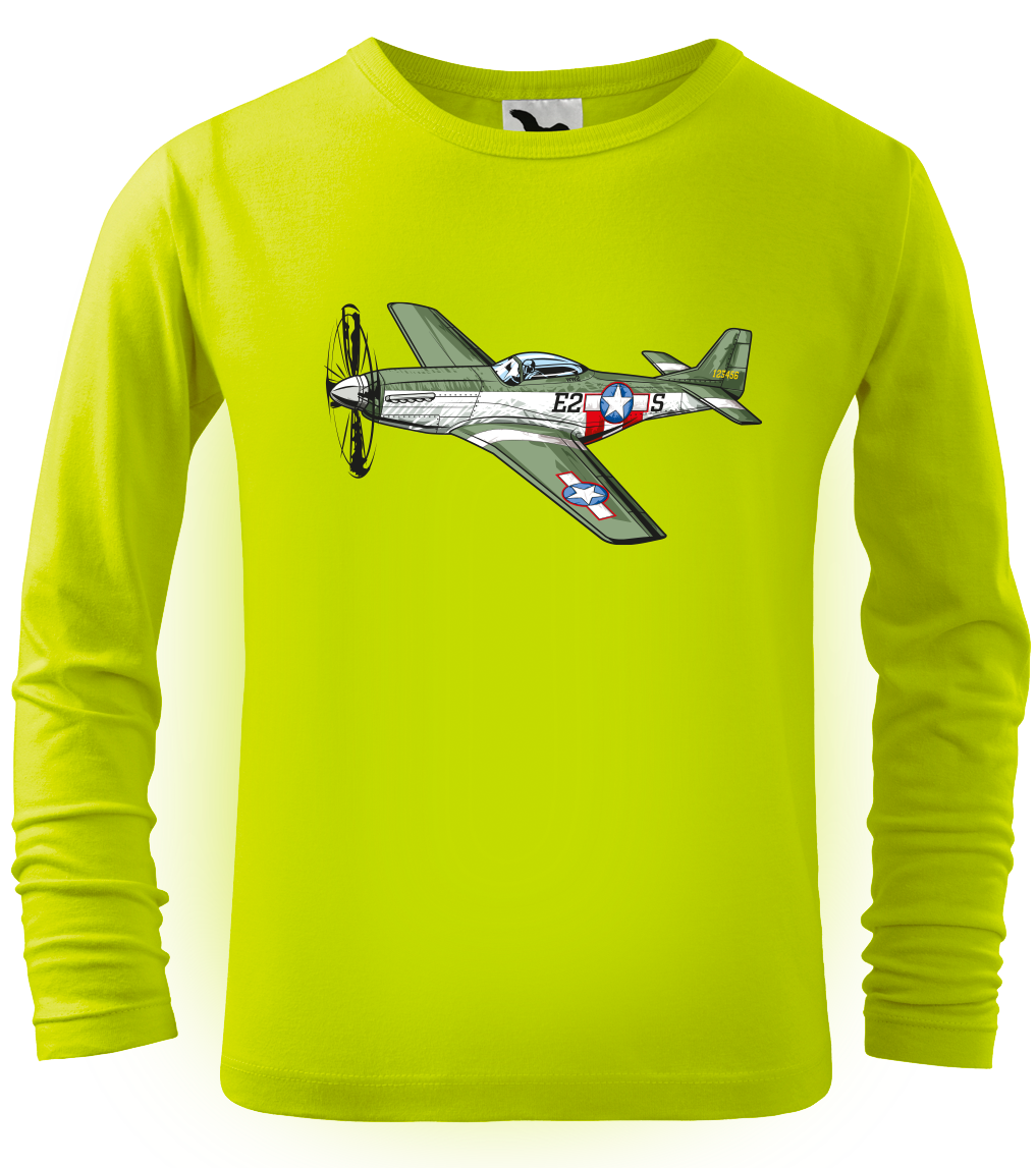 Dětské tričko s letadlem - P-51 Mustang (dlouhý rukáv) Velikost: 4 roky / 110 cm, Barva: Limetková (62), Délka rukávu: Dlouhý rukáv