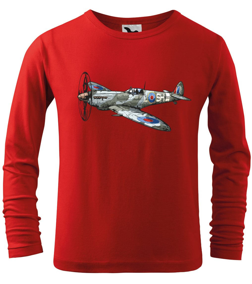 Dětské tričko s letadlem - Spitfire (dlouhý rukáv) Velikost: 12 let / 158 cm, Barva: Červená (07), Délka rukávu: Dlouhý rukáv