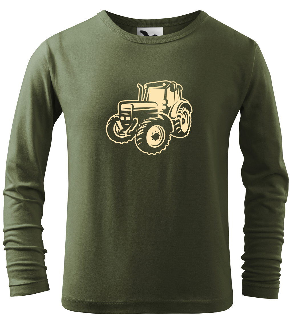 Dětské tričko - Moderní traktor (dlouhý rukáv) Velikost: 12 let / 158 cm, Barva: Khaki (09), Délka rukávu: Dlouhý rukáv