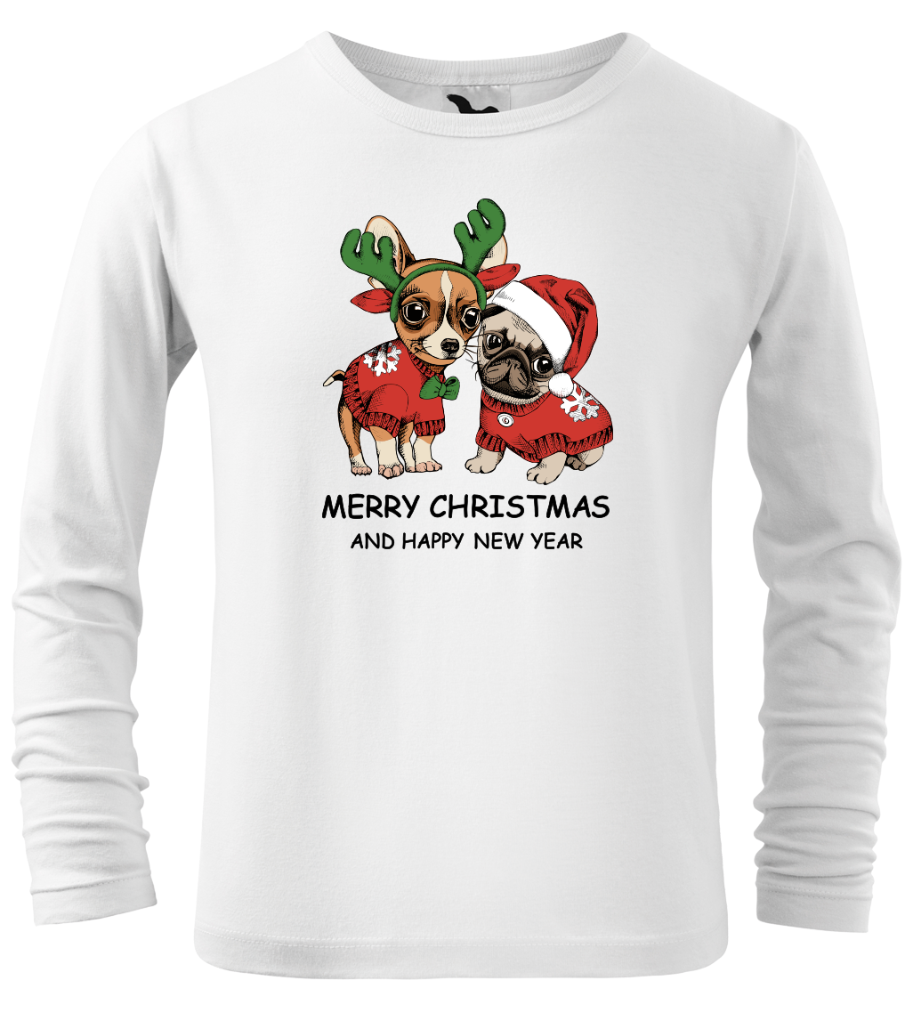Dětské vánoční tričko - Vánoční pejsci (dlouhý rukáv) Velikost: 4 roky / 110 cm, Barva: Bílá (00), Délka rukávu: Dlouhý rukáv