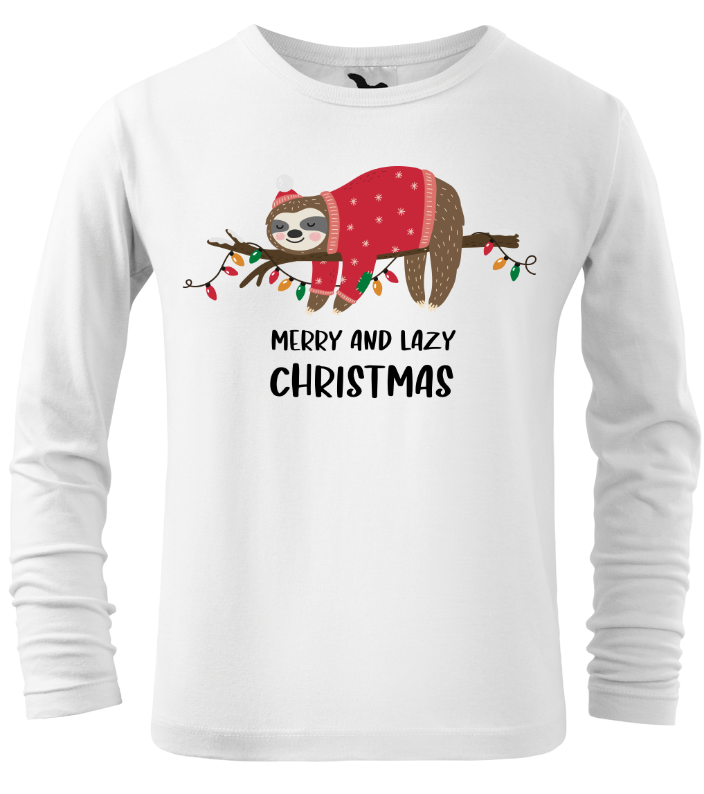 Dětské vánoční tričko - Merry and Lazy Christmas (dlouhý rukáv) Velikost: 12 let / 158 cm, Barva: Bílá (00), Délka rukávu: Dlouhý rukáv