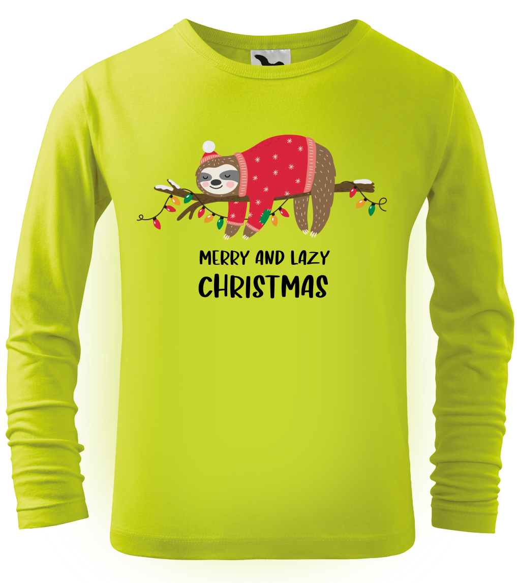 Dětské vánoční tričko - Merry and Lazy Christmas (dlouhý rukáv) Velikost: 6 let / 122 cm, Barva: Limetková (62), Délka rukávu: Dlouhý rukáv
