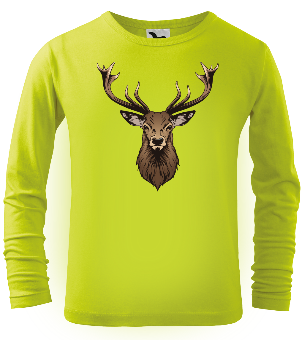Dětské myslivecké tričko - Hlava jelena (dlouhý rukáv) Velikost: 10 let / 146 cm, Barva: Limetková (62)
