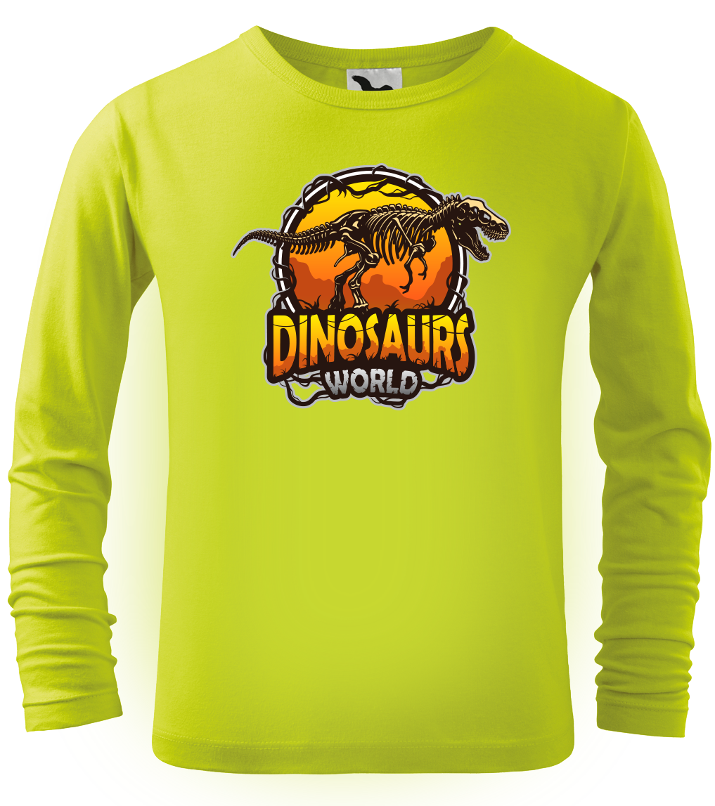 Dětské tričko s dinosaurem - Dinosaurs world (dlouhý rukáv) Velikost: 4 roky / 110 cm, Barva: Limetková (62), Délka rukávu: Dlouhý rukáv