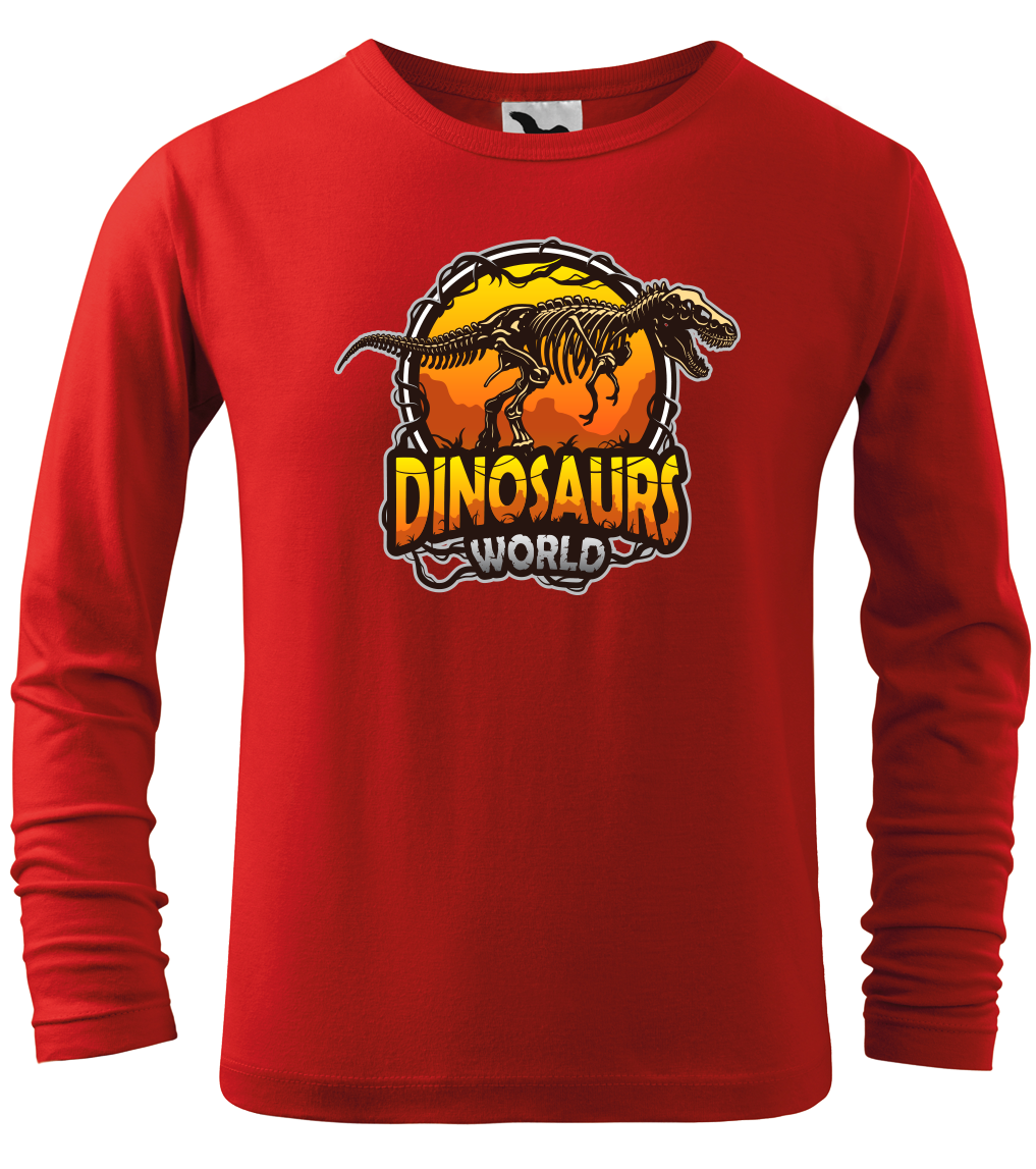 Dětské tričko s dinosaurem - Dinosaurs world (dlouhý rukáv) Velikost: 6 let / 122 cm, Barva: Červená (07), Délka rukávu: Dlouhý rukáv