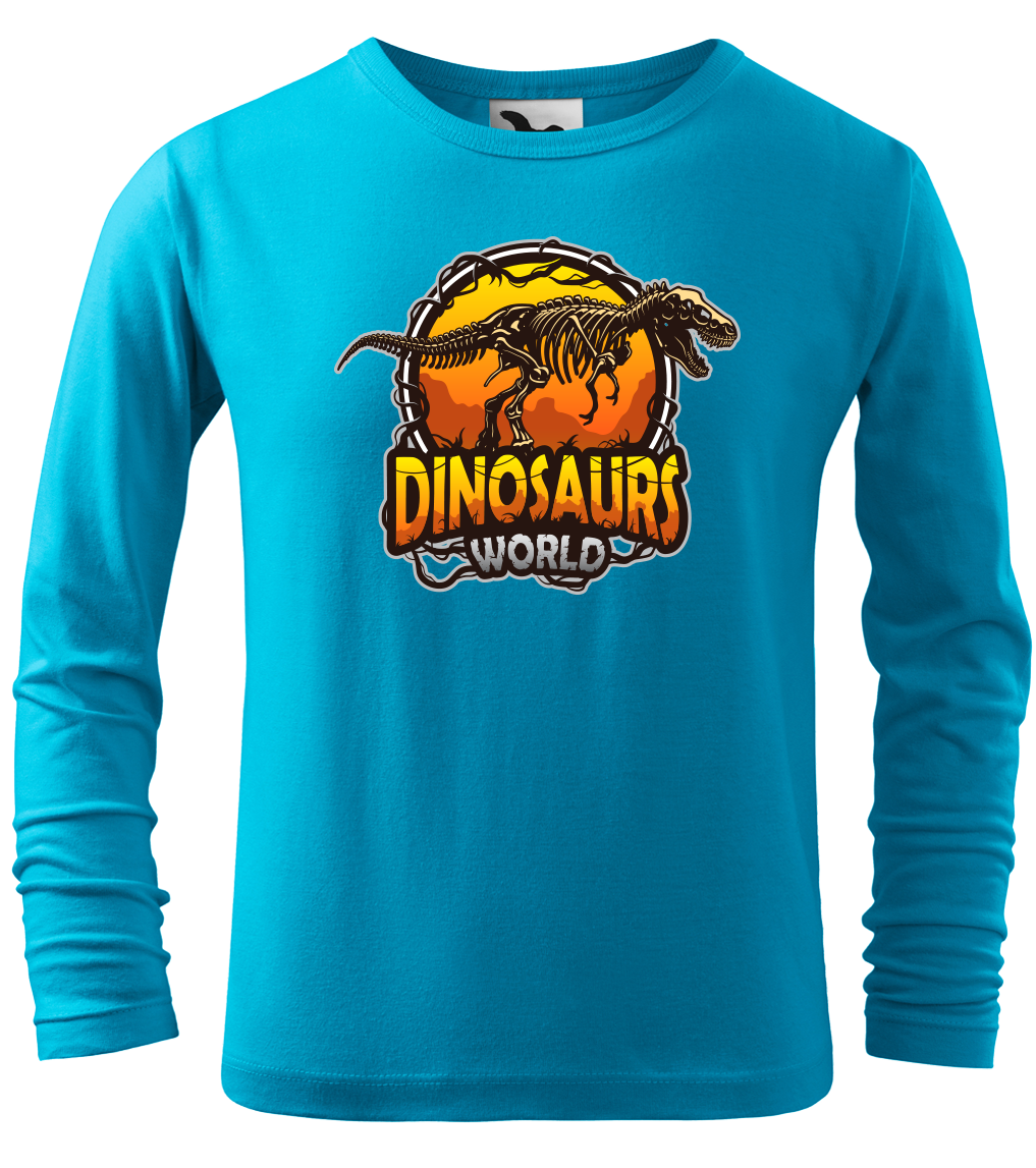 Dětské tričko s dinosaurem - Dinosaurs world (dlouhý rukáv) Velikost: 4 roky / 110 cm, Barva: Tyrkysová (44)