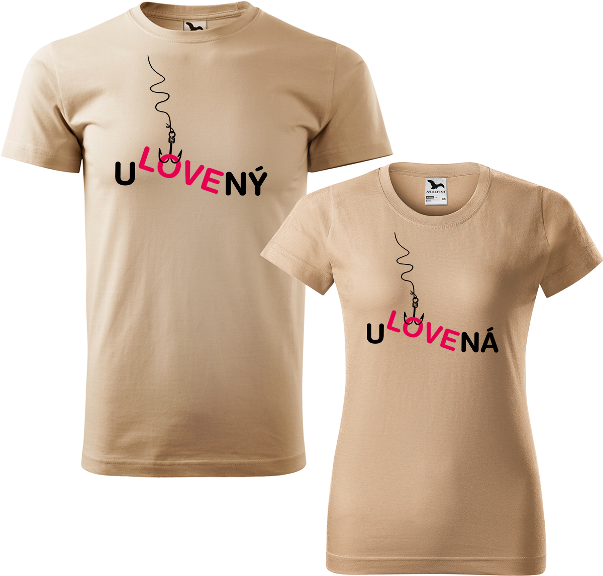 Trička pro páry - Ulovený a ulovená Barva: Písková (08), Velikost dámské tričko: XL, Velikost pánské tričko: XL