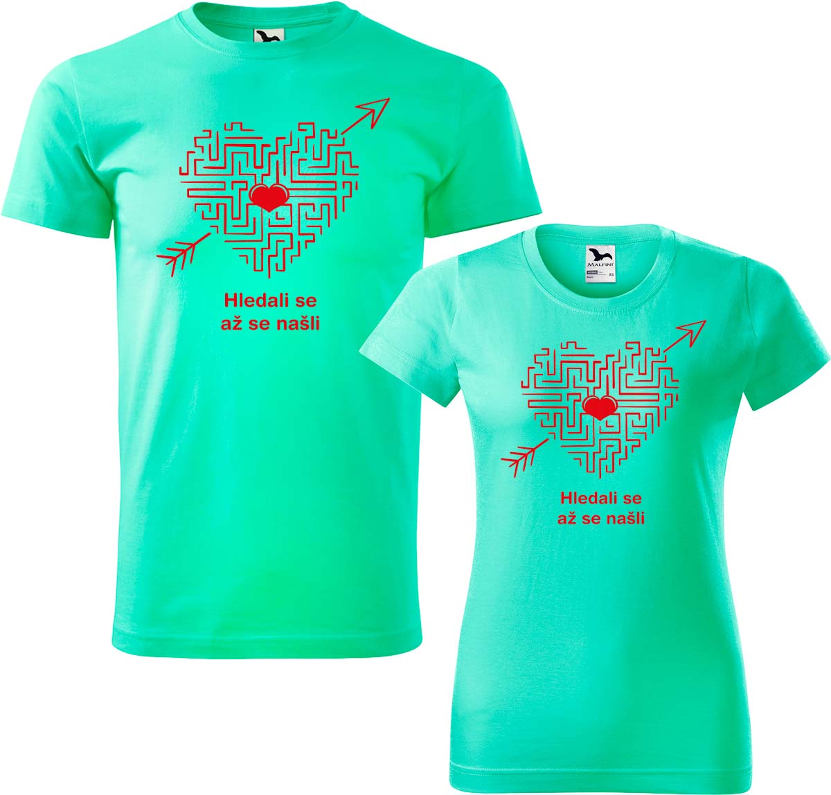 Trička pro páry - Hledali se, až se našli (srdce) Barva: Mátová (95), Velikost dámské tričko: XL, Velikost pánské tričko: XL