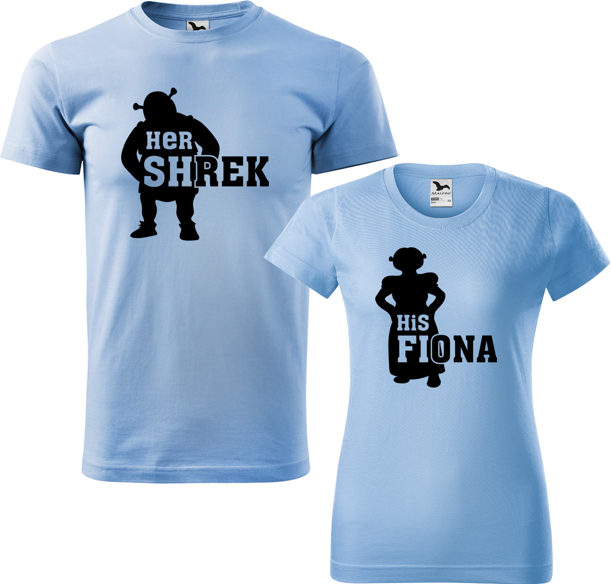 Trička pro páry - Shrek a Fiona Barva: Nebesky modrá (15), Velikost dámské tričko: M, Velikost pánské tričko: M