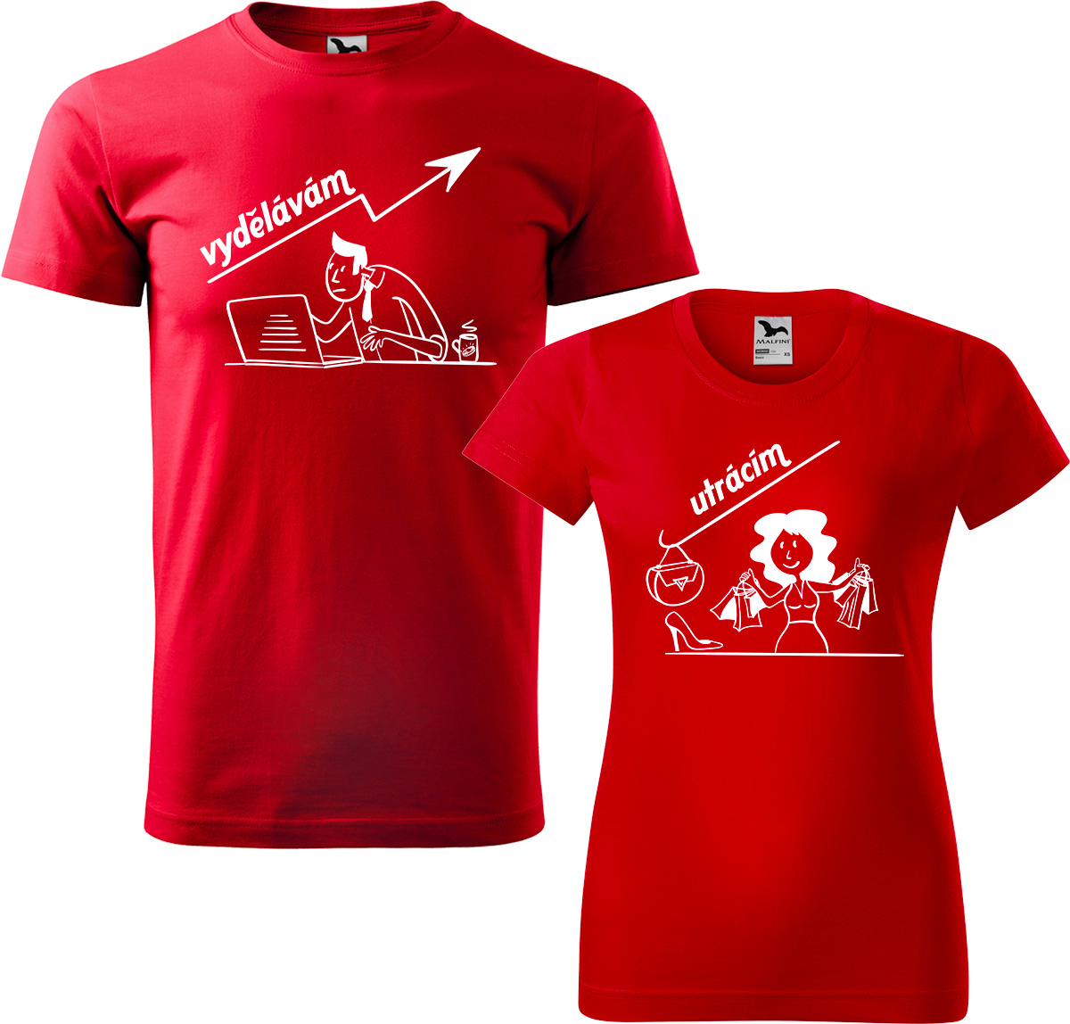Trička pro páry - Vydělává, utrácí Barva: Červená (07), Velikost dámské tričko: 3XL, Velikost pánské tričko: 4XL