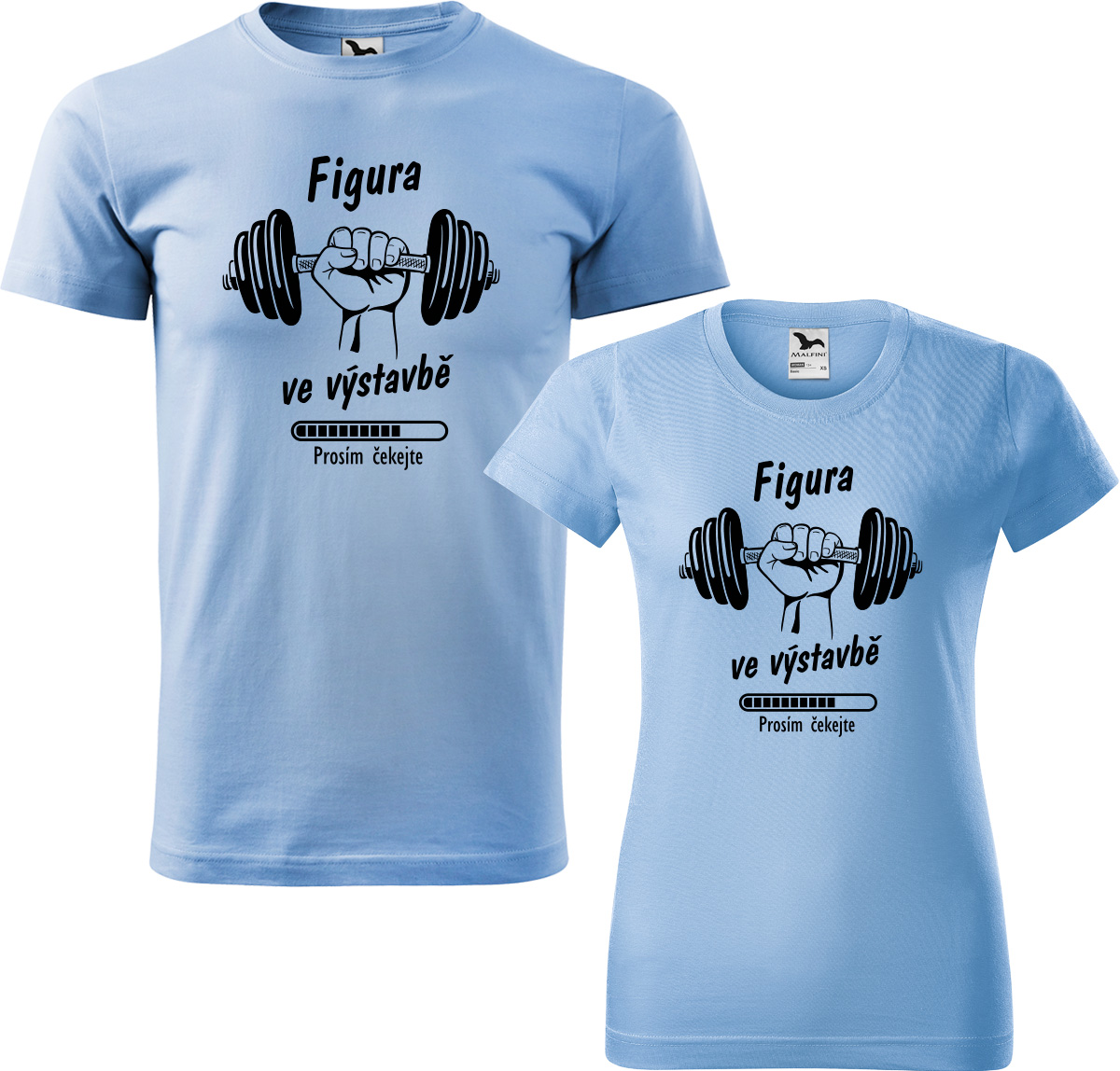 Trička pro páry - Figura ve výstavbě Barva: Nebesky modrá (15), Velikost dámské tričko: S, Velikost pánské tričko: XL