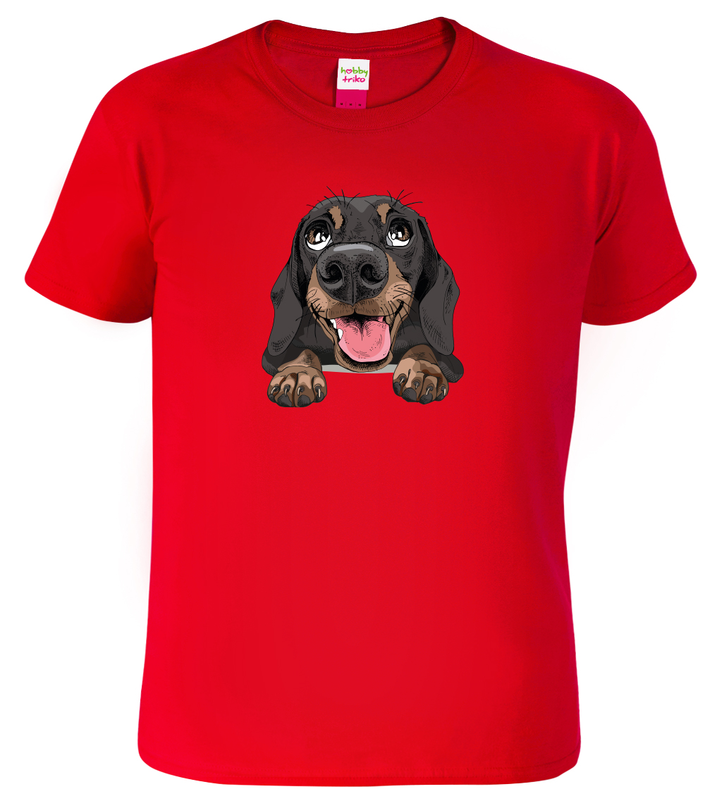 Pánské tričko s jezevčíkem - Vysmátej jezevčík Velikost: L, Barva: Červená (07), Střih: pánský
