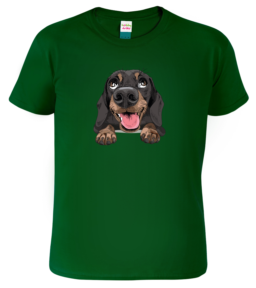 Pánské tričko s jezevčíkem - Vysmátej jezevčík Velikost: XL, Barva: Lahvově zelená (06), Střih: pánský