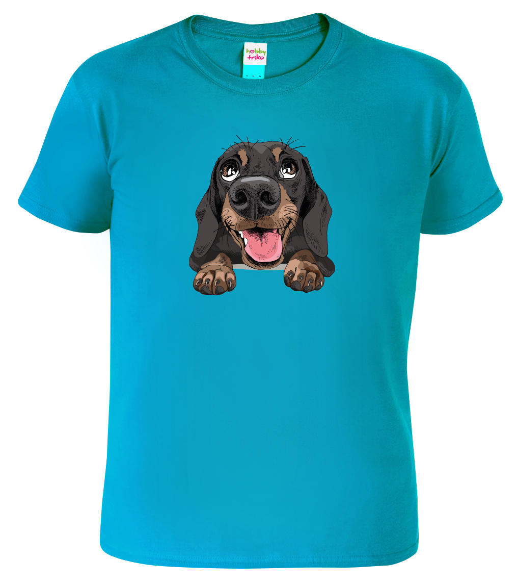 Pánské tričko s jezevčíkem - Vysmátej jezevčík Velikost: XL, Barva: Tyrkysová (44), Střih: pánský