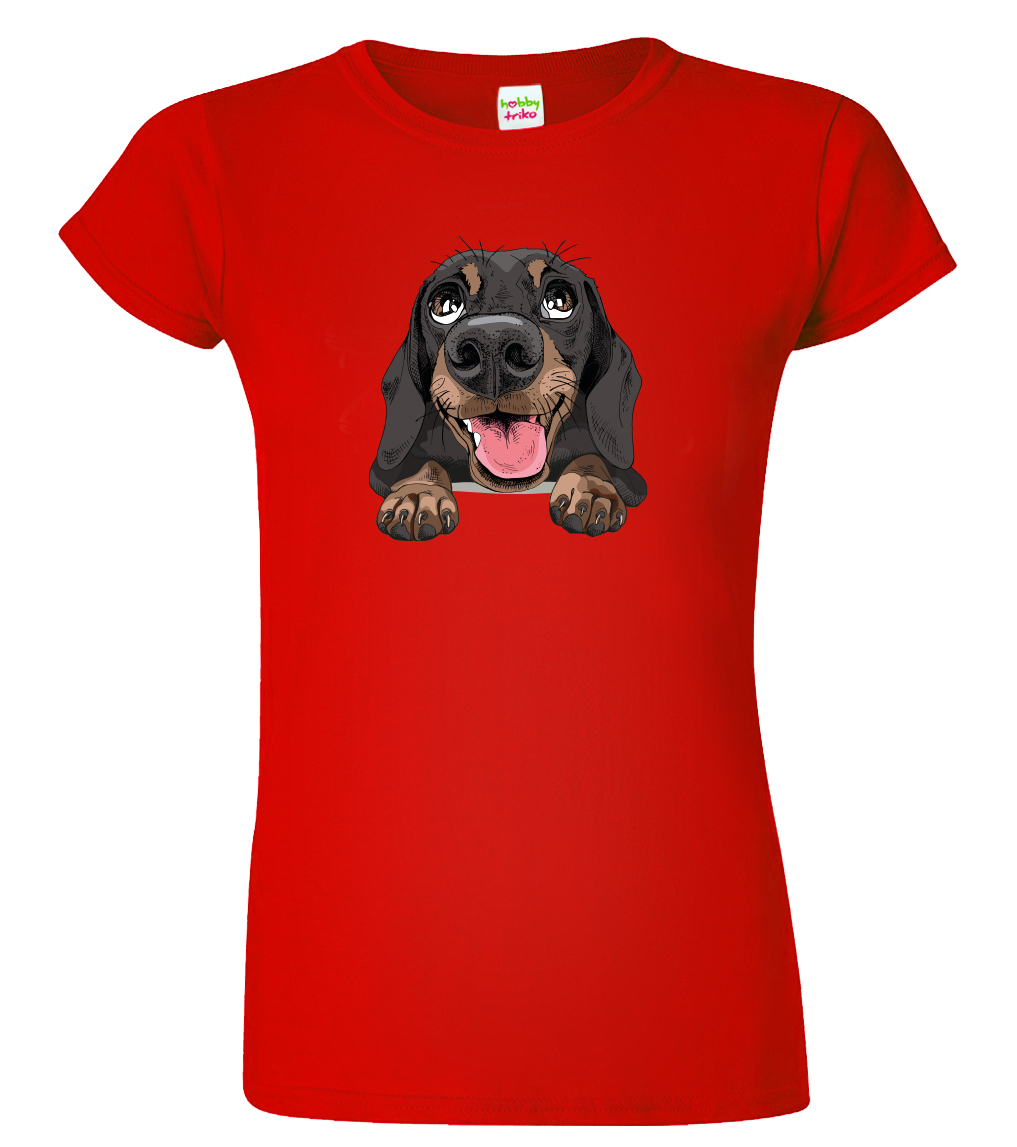 Dámské tričko s jezevčíkem - Vysmátej jezevčík Velikost: L, Barva: Červená (07), Střih: dámský