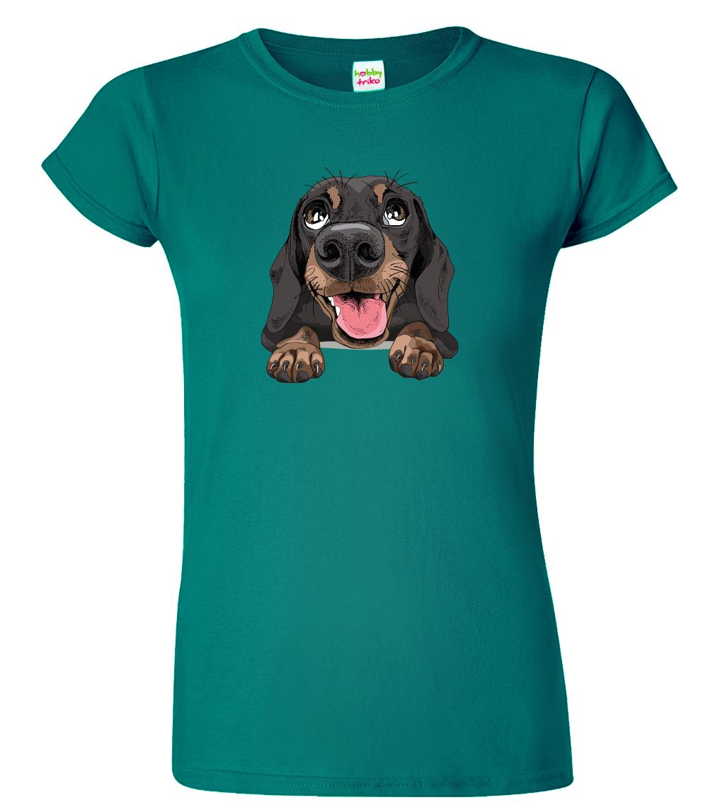 Dámské tričko s jezevčíkem - Vysmátej jezevčík Velikost: L, Barva: Emerald (19), Střih: dámský