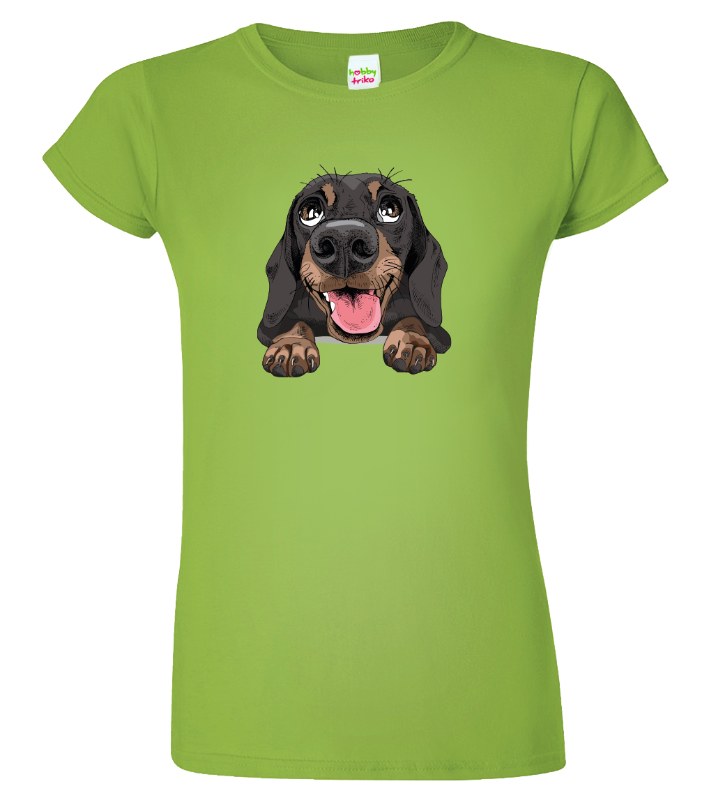 Dámské tričko s jezevčíkem - Vysmátej jezevčík Velikost: L, Barva: Apple Green (92), Střih: dámský