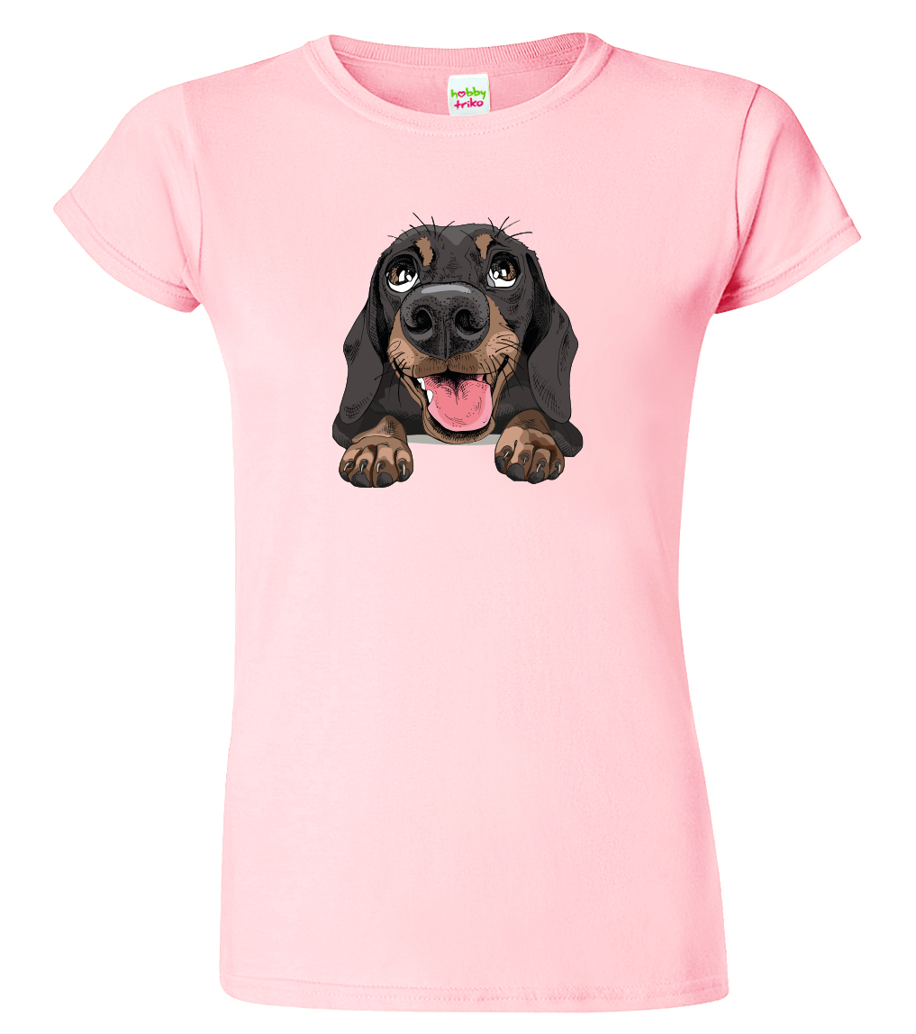 Dámské tričko s jezevčíkem - Vysmátej jezevčík Velikost: L, Barva: Růžová (30), Střih: dámský