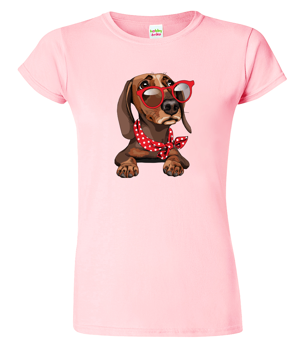 Dámské tričko s jezevčíkem - Jezevčík v brýlích Velikost: XL, Barva: Růžová (30), Střih: dámský