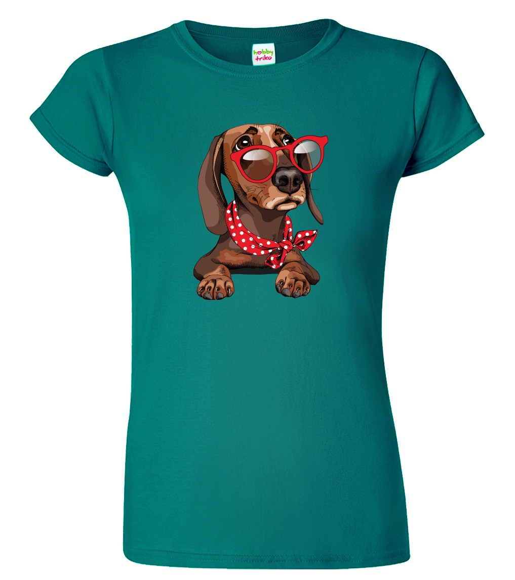 Dámské tričko s jezevčíkem - Jezevčík v brýlích Velikost: L, Barva: Emerald (19), Střih: dámský